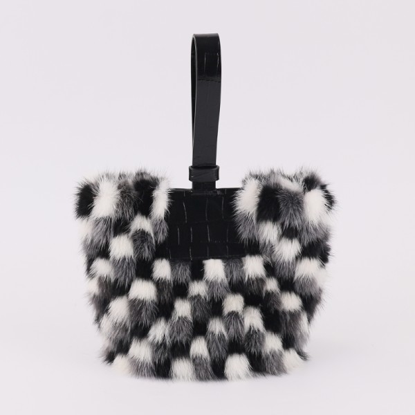 Mini Mink Fur Handbag with Genuine Lamb Leather Handle