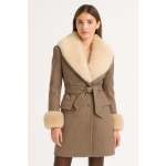 Wool Trench Coat with Fur Collar Trim