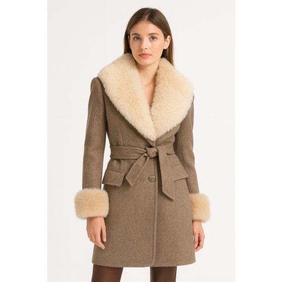 Wool Trench Coat with Fur Collar Trim