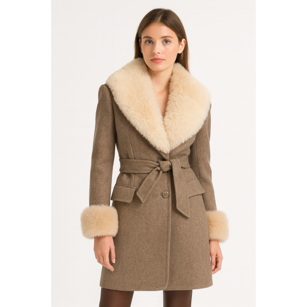 Wool Trench Coat with Fur Collar Trim