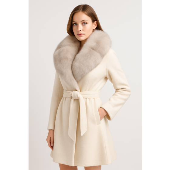 Elegant Wool Trench Coat with Plush Fox Fur Collar Trim