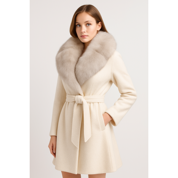 Elegant Wool Trench Coat with Plush Fox Fur Collar Trim