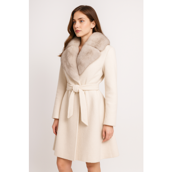 Elegant Wool Trench Coat with Plush Fox Fur Collar Trim
