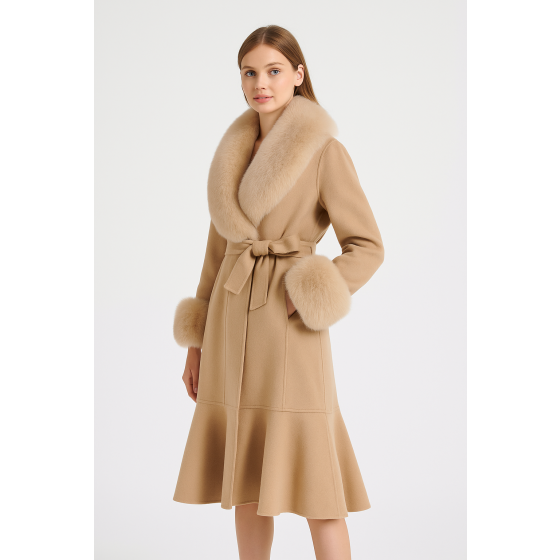 Chic Wool Trench with Fox Fur Trim
