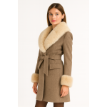 Wool Trench Coat with Fur Collar Trim