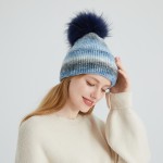 Wool Blend Angora Knit Beanie with Real Raccoon Fur Pom-Pom