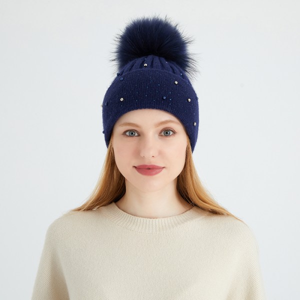 Angora Knit Beanie with Crystal Embellishments & Real Raccoon Fur Pom