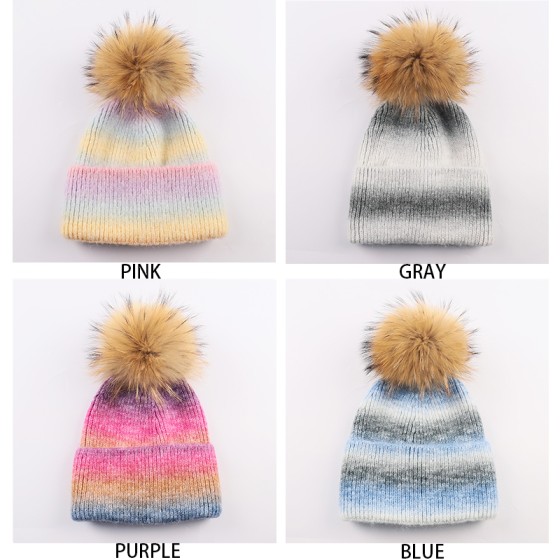 Angora Polka Beanie with Real  Raccoon Fur Pom