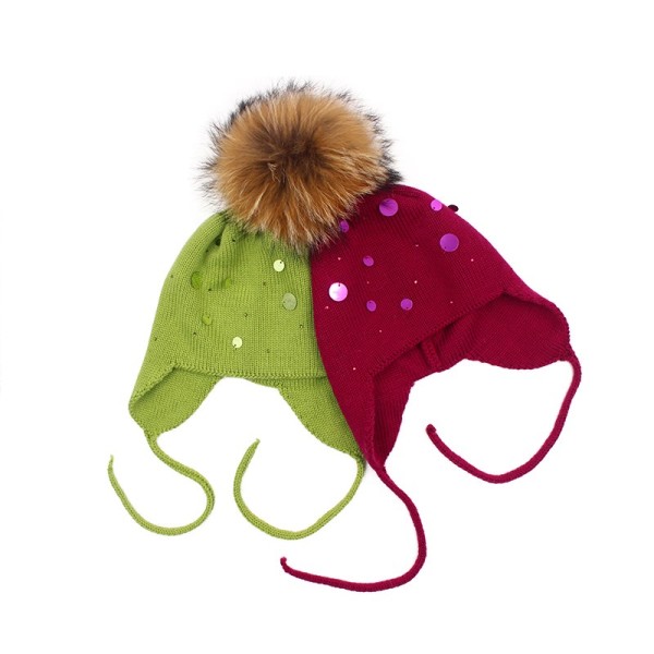 Knit Kids Earflap Hat with Genuine Raccoon Fur Pom