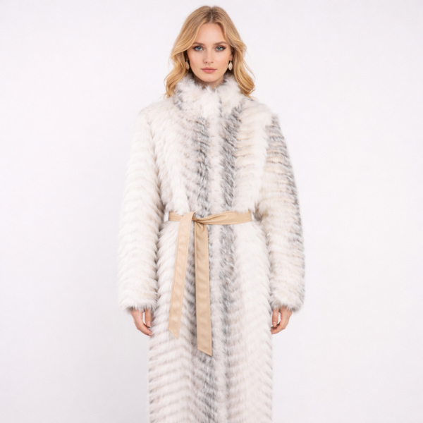 Designer-Inspired Striped Fur Belted Overcoat