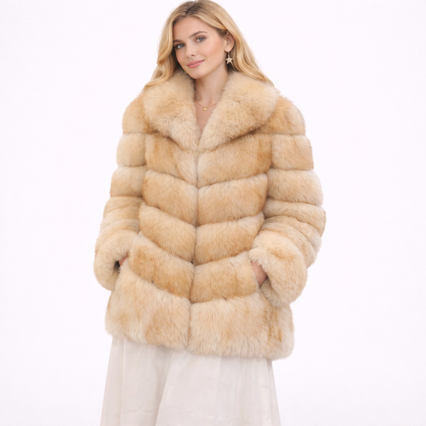Women's Luxury Short Fox Fur Jacket with Shawl Collar