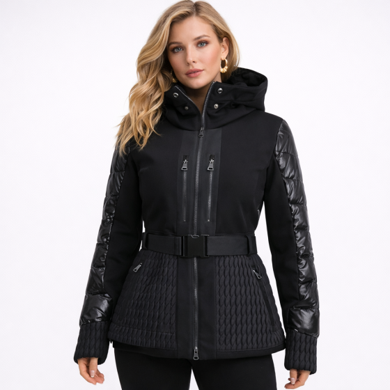 Women's Insulated Waterproof Belted Hooded Ski Jacket