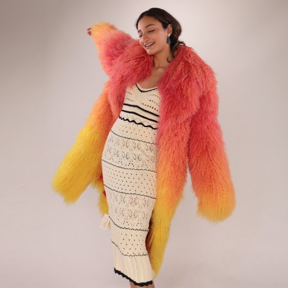 Gradient Shearling Wool Coat – Vibrant Elegance in Real Lamb Fur